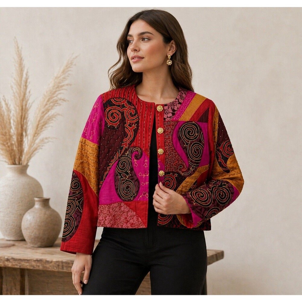 Vintage Sandy Starkman Silk Jacket Large Boho Patchwork Art To Wear Colorful